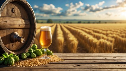 Aufkleber - Still life featuring a vintage beer barrel and a glass of light beer. Concept of fresh amber beer. Green hops and golden barley on a wooden table. Ingredients for brewing. Brewing traditions.
