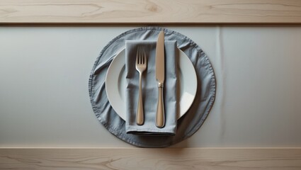 Poster - Empty table setting with cutlery on a tablecloth on wooden surface for dinner. Flat design mockup. Top view square.