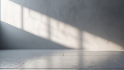 Aufkleber - Background shadow white light floor backdrop mockup with sunlight effect on a cement wall and floor, featuring an abstract blur and a minimal grey platform for product presentation.