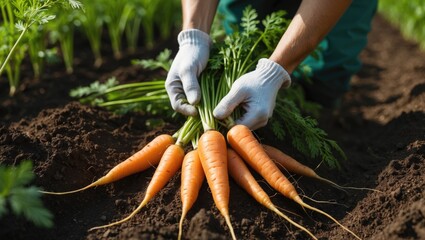 Poster - Fresh carrots developing in a carrot field, vegetables growing in the soil of an organic farm. Harvesting agricultural products from nature, with a hand holding a carrot above the ground.