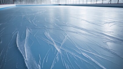 Poster - Empty ice rink featuring skate marks after the outdoor session. Close-up of the blue ice rink floor, with copy space.