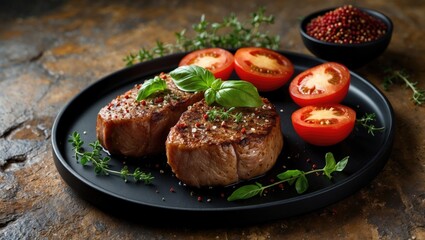 Poster - Delicious tender pork or beef steak seasoned with salt, spices, and herbs on a textured surface.