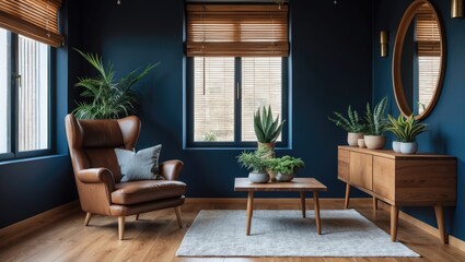 Aufkleber - Dark blue interior of a living room featuring a cozy luxury leather armchair on wooden flooring.