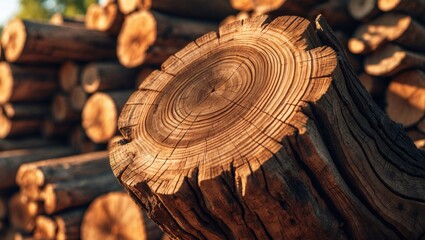 Poster - Cut trees of construction wood arranged in a woodpile display annual rings and the age of trees for the lumber and timber industry as sustainable resources on wood logs and tree stumps.