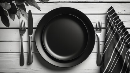 Poster - Empty plate with silver utensils on wooden surface