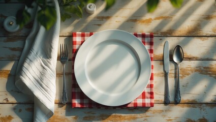 Poster - Empty plate, knife, fork, and towel positioned on a wooden table surface. A top view with space for text.