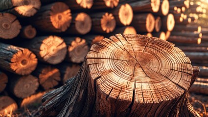 Poster - Cut trees of construction wood arranged as a woodpile displaying annual rings and the tree's age for the lumber and timber industry as sustainable resources on wood logs and tree stumps.