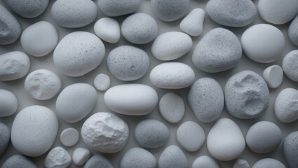 Poster - Pattern of white gravel featuring a uniform, clean texture. Close-up perspective of small, smooth gravel stones arranged in a seamless, repeating pattern. Perfect for backgrounds, surfaces, and abs...