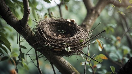 An abandoned bird's nest located in a tree