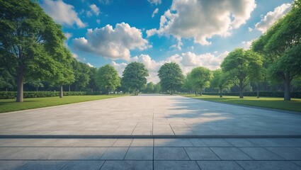 Aufkleber - Empty street with a pleasant garden backdrop under a beautiful blue sky.