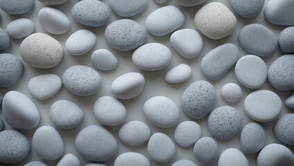 Poster - Pattern of white gravel featuring a uniform, clean texture. Close-up perspective of small, smooth gravel stones arranged in a seamless, repeating pattern. Perfect for backgrounds, surfaces, and abs...