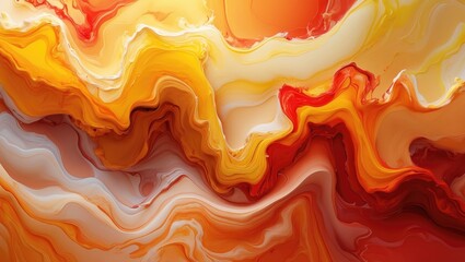 Poster - An abstract image featuring fluid, marble-like textures in warm, vibrant hues from yellow to red.