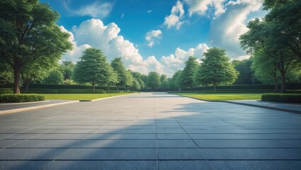 Aufkleber - Empty street with a lovely garden background under a beautiful blue sky.