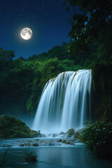 Wall Mural - Serene waterfall cascading under a full moon, surrounded by lush greenery on a tranquil, starry night.