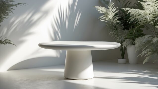 A white presentation platform in the shape of a table set against a white wall, featuring shadows cast by plants.