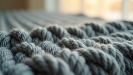 Aufkleber - Handmade knitted large blanket made from Merino wool, featuring super chunky yarn, trendy concept. Close-up view of the knitted blanket in the background.