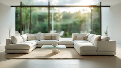 Poster - Blurred view of a bright minimalist living room showcasing a spacious white sectional, large windows, and natural light, fostering a serene and inviting ambiance.