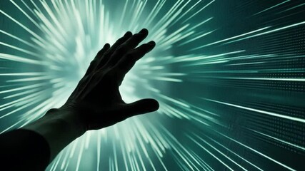 Poster - Futuristic Hand Interaction with Glowing Digital Interface Exploring Innovation, Connectivity, and Technology Through Dynamic Lines and Light Streaks