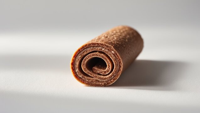 Crop perspective of chocolate and hazelnut wafer roll set against a white background.