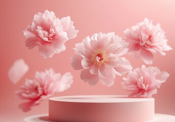 Poster - Soft Pink Peonies Floating Elegantly Above a Minimalist Pink Pedestal with a Dreamy Background for Floral Inspirations and Design Projects