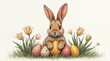 © Saeedatun - Illustration of cute Easter bunny with colorful Easter eggs that sits on green grass surrounded by vibrant spring flowers. Holiday retro style card.