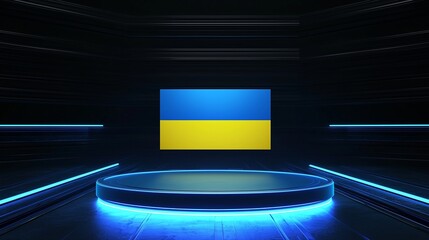 Poster - Futuristic 3D Podium Displaying Ukrainian Flag on Sleek Background