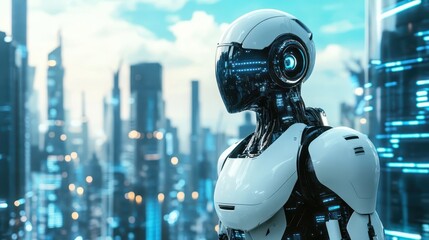 Poster - Modern robotic android overlooks a futuristic urban cityscape during daytime hours