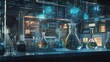 © Pure Imagination - Futuristic Laboratory with Glowing Blue Particles and Chemical Flasks
