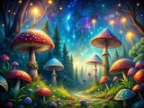 Magical Night Forest, Animated Film Background, Fantasy Landscape,  Night Sky, Stars