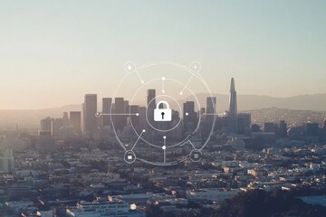 A cityscape with security symbols like padlock and network connections, representing digital name virtuality protection in the background Generative AI