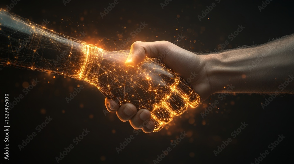 Digital handshake: Human and ai collaboration with glowing connection ...