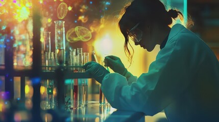 Poster - A scientist working in a lab analyzing liquids using glassware