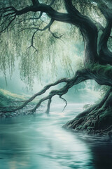 Wall Mural - Serene riverside with a majestic willow tree casting reflections on the tranquil water, creating a peaceful and ethereal natural scene.
