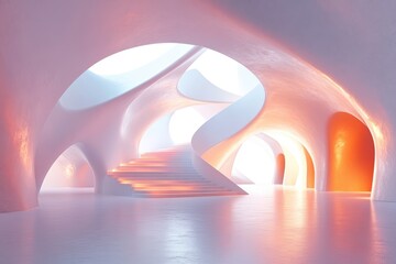 Aufkleber - Modern architectural interior featuring fluid forms and soft colors in a spacious luminous setting