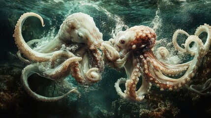 Poster - Two octopuses interact closely within an aquatic underwater environment