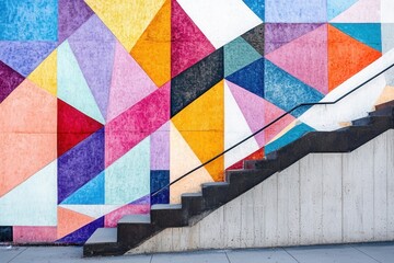 Poster - Colorful vector illustration of abstract geometric shapes with vibrant colors creating a lively mural design on a wall