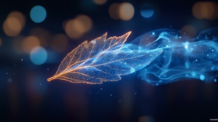 Poster - Glowing magical leaf dissolves into blue particles and light trails against dark background with bokeh effect, creating mystical nature transformation.