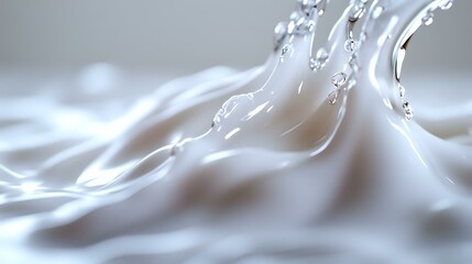 Poster - Flowing liquid milk or cream splash creating dynamic waves and ripples on light background, abstract white fluid motion photography for dairy products.