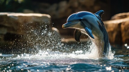Poster - Dolphin jumps out of ocean waves under cloudy sky in a dynamic display of nature's beauty