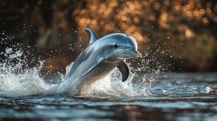 Poster - Dolphin jumps out of ocean waves under cloudy sky in a dynamic display of nature's beauty