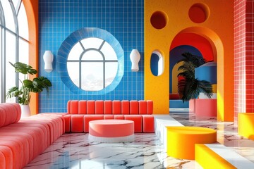 Aufkleber - Bright and abstract vector illustration of an artistic interior space with colorful geometric shapes in a modern design efficiently blending different colors