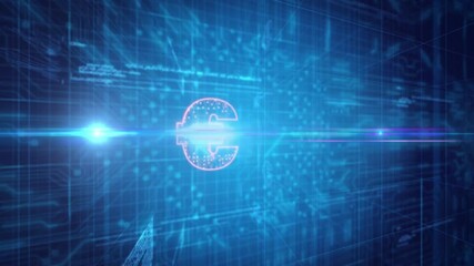 Poster - Glowing digital currency symbol over animation of futuristic blue technology grid