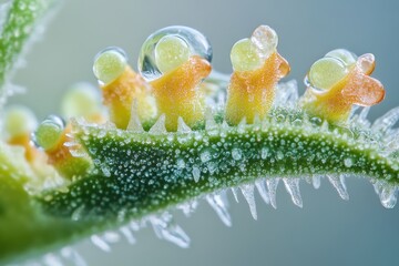 Poster - Close-up view of water droplets on green plant with fuzz capturing light in a serene natural setting