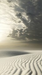 Wall Mural - the sky is dark and cloudy, with a crescent moon shining brightly in the middle. the clouds cover th