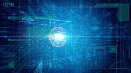 Poster - Glowing digital currency symbol on blue technology background with data animation
