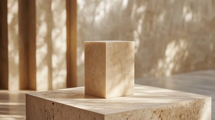Poster - Soft sunlight illuminates a textured cube resting on a stone pedestal in a serene indoor setting surrounded by greenery