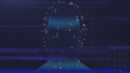 Poster - Animation of digital face recognition with data points on blue grid background