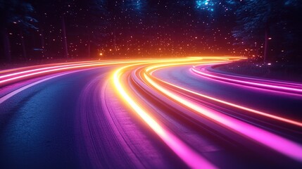 Poster - Night road curves with vibrant light trails