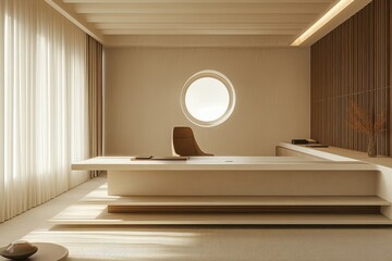 Poster - Modern minimalist office interior design with circular window and natural light, featuring clean lines and neutral tones for a tranquil workspace experience