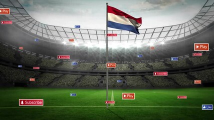 Poster - In stadium, animation of digital buttons and flag floating over green field